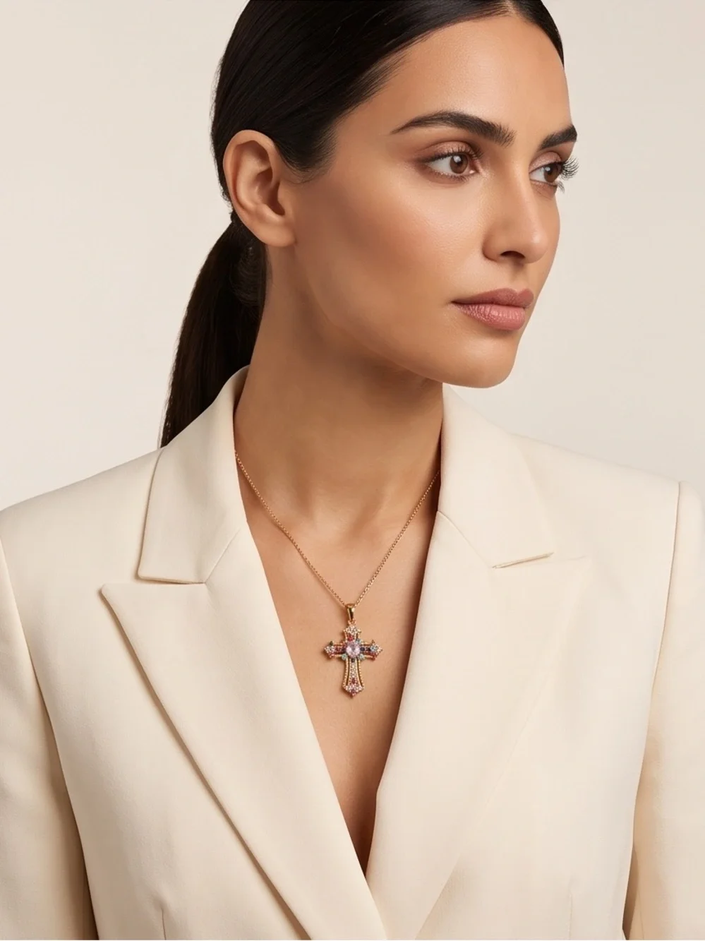 Gold Multicolor Cross Pendant Necklace - Pink Center Gem adjustable